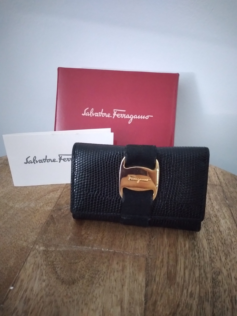Salvatore Ferragamo Black Textured Leather Wallet with Gold Gancini